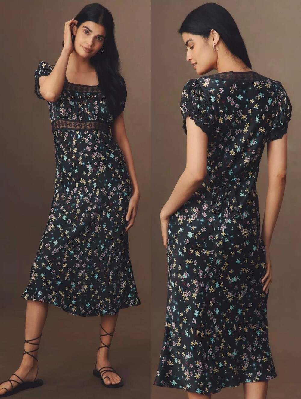 ANTHROPOLOGIE CONDITIONS APPLY Black Floral Aedon Short Sleeve Slip Midi Dress
